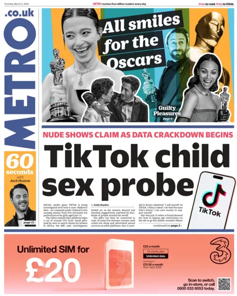 Reads the title on the front page of the metro: "Tiktok child sex probe."