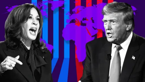 BBC Stylised image of Harris and Trump in black and white, on a blue and red striped background with a purple map of the world