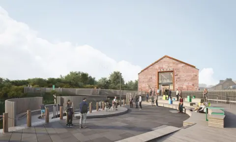 Arc Architects Limited An artists impression of the new visitor hub which is shown as a sandstone brick constructed building with visitors standing outside on a landscaped area of stone and wood, including a footbridge
