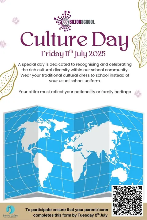 Bilton School/Facebook A screenshot of a flyer from Bilton School depicting information for its Culture Day. The school logo is at the top. Underneath the logo it says Culture Day in large purple writing with "Friday 11th July" underneath the logo in slightly smaller purple writing. A paragraph below describes the event. At the bottom is a computer generated image of a partially folded blue and white map of the world. At the very bottom is a QR code and a gold bar with information about how to participate.