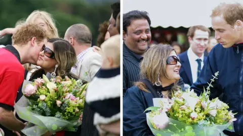 Mark Greenwood A composite of two images. On the left is one of Prince Harry kissing the cheek of Hafeez's wife, who is wearing sunglasses and holding a bouquet of flowers. And the right is Hafeez smiling in the background with his wife and Prince William in the foreground, apparently in conversation.
