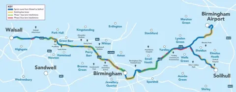 WMCA A schematic map showing key locations on the route from Walsall on the left to Solihull and Birmingham Airport on the right with Birmingham in the middle. The route is colour-coded depending on the status of bus lanes along the way, including those already built and those still to be developed.