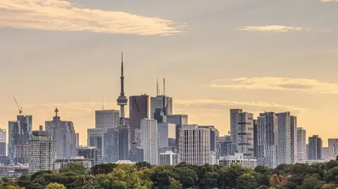 A view of the Toronto skyline from Riverdale Park East. There are trees in the foreground with skyscraoers and the CN Tower in the distance. The sky is blue-orange. 
