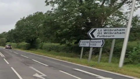 Google image of A1303, Bottisham with white road signs with Lt Wilbraham and Gt Wilbraham 