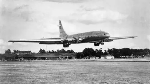 A black and white photo of the Bristol Brabazon taking off from Filton Airfield 