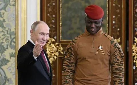 Anadolu via Getty Images Vladimir Putin meets with President of Burkina Faso Ibrahim Traor during celebrations of the 80th anniversary of Victory in the Great Patriotic War in Moscow, Russia on May 10, 2025