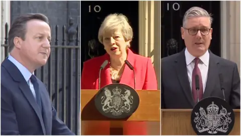 A photo compilation showing David Cameron, Theresa May and Sir Keir Starmer delivering their resignation speeches