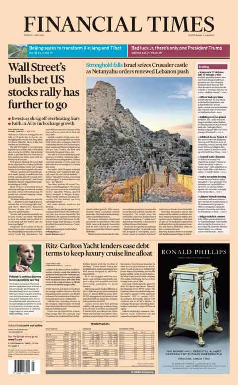 The FT headline reads 'Wall Street's bulls bet US stocks rally has further to go'