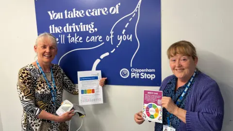 Two NHS nurses wearing blue NHS lanyards holding NHS medical advice leaflets and a blood pressure monitor - standing in front of a large blue and white sign which says "Chippenham Pit Stop," "You take care of the driving, we'll take care of you." 