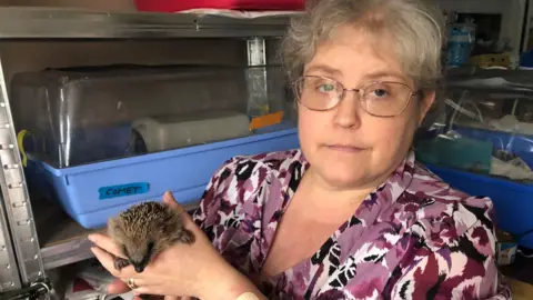 Heather Johnson has short light brown hair, wavy over her forehead. She has dark rimmed glasses and is wearing a lilac floral dress and is holding a hoglet, a baby hedgehog. Behind her are plastic crates in racks that she keeps the animals in.