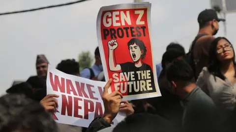 Nepalese youth stage an anti-government protest in Kathmandu, Nepal, on September 8, 2025. According to reports, eight protesters have been killed and over 100 injured after police opened fire on the demonstrators. (Photo by Sunil Pradhan/Anadolu via Getty Images)