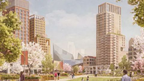 Allies and Morrison CGI image of the masterplan for the area around Old Trafford. The image shows the plans for new homes, with the Imperial War Museum North in the background.