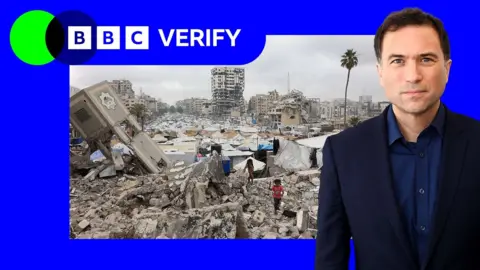 An image of Gaza shows destroyed buildings and rubble. The BBC Verify colours and logo have been superimposed alongside it the photo, with an image of Ros Atkins. 