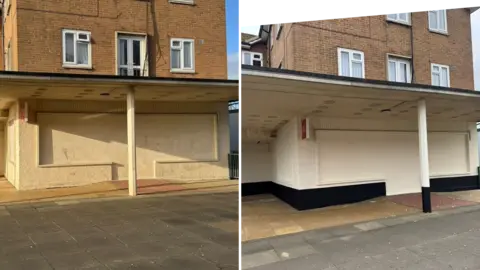 West Northamptonshire Council A boarded up building before and after it was painted. The image on the left is before, showing dirty cream walls and the image on the right shows cleaner cream walls, black edging and black painted on the bottom of a pillar. 