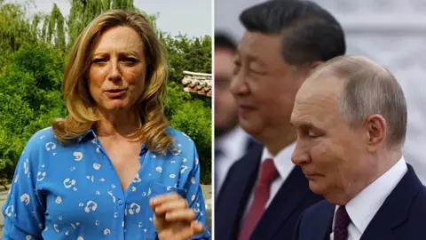 Split screen on Laura Bicker (L) and Russian President Vladimir Putin and Chinese President Xi Jinping (R)