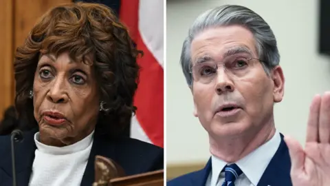 Splitscreen. Right, Scott Bessent raises his hand. Left, Maxine Waters speaks.