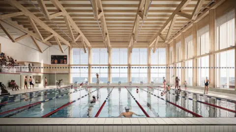 Brighton & Hove City Council An artist's impression of the proposed main swimming pool inside the new King Alfred leisure centre. The pool has eight marked lanes, tiered spectator seating and large windows looking out towards the seafront.