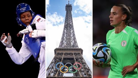 Taekwondo fighter Faith Ogallo and footballer Ashleigh Plumptre pictured in action either side of an image of the Eiffel Tower bearing the Olympic rings