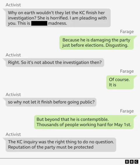 WhatsApp exchanges between Nigel Farage and an activist. 
Activist - Why on earth wouldn’t they let the KC finish her investigation? She is horrified. I am pleading with you. This is [expletive] madness.
Farage – Because he is damaging the party just before elections. Disgusting.
Activist – Right. So it’s not about the investigation then? 
Farage – Of course.
                It is
Activist- so why not let it finish before going public?
Farage – But beyond that he is contemptible.
                Thousands of people working hard for May 1st.
Farage  - The KC inquiry was the right thing to do no question. Reputation of the party must be protected 
