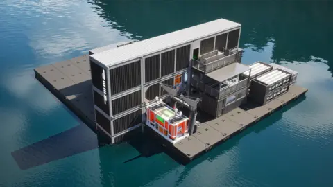 Aerial view of artist's impression of what DEEP's new centre will look like. It is in the middle of blue water and has tall brown boxes 