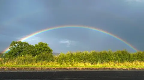 Moir the Merrier A double rainbow in Chillingham, taken from the bank of a river or pond. We can see the other side of the bank across the water, which is illuminated by golden sunlight. Above, unobstructed, is an arching rainbow . Underneath it, the sky is clear, but above, it looks visibly darker. But faintly, another rainbow can be seen higher in the sky - making that two.