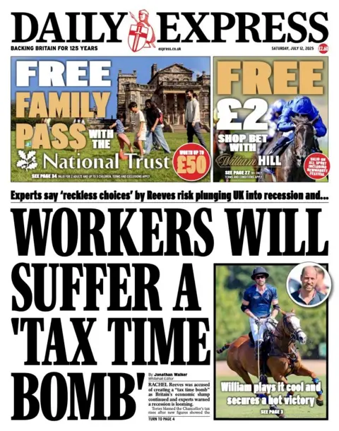 The headline on the front page of the Daily Express reads: "Workers will suffer a 'tax time bomb'".