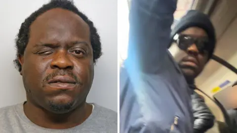Two images of Simon Levy. On the left is a mugshot of him in British Transport Police custody and the other is him captured on someone's phone on a London tube