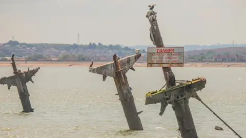 The tops of three masts on the wreck of the SS Richard Montgomery can be seen above the waterline and from the shore.