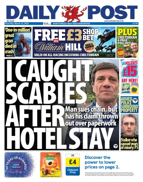 Daily Post Daily Post front page, with a main headline that reads: "I caught scabies after hotel stay", with a main picture of a man with short dark hair. In the top left is a picture of a man and a woman and a headline that reads: "'One in a million' great gran died in crash". Two further headlines in a bar on the left hand side read: 'Armed police surround property' and 'Stalker who caused years of misery'