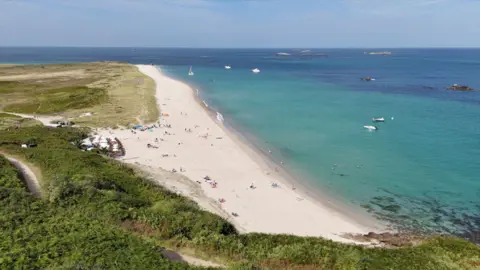 A drone picture of a long beach showing white sand with grassy areas on one side and the sea on the other. 