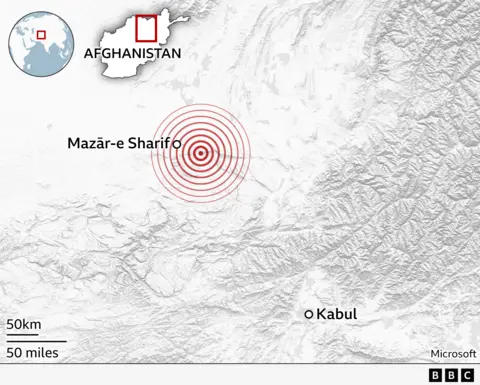 A map showing concentric circles near a spot marked Mazar-e-Sharif