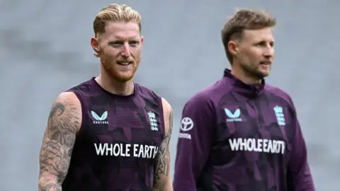 Ben Stokes and Joe Root during an England training session
