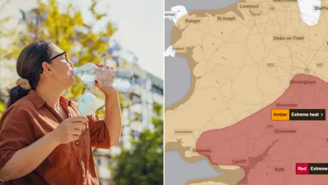 A composite picture of a woman drinking from a water bottle and the Met Office map showing the red warning over Wales.
