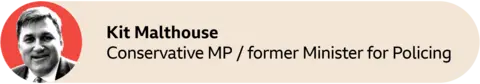 A reddish  ellipse  with a representation   of Kit Malthouse, Conservative MP for North West Hampshire and erstwhile  Minister for Policing