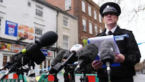 Jacob King/PA Wire Chief Superintendent Emma Aldred, area commander for Derby, speaking to members of the media at the scene in Friar Gate, Derby, on Sunday 29 March 2026.