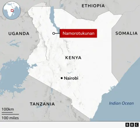This map shows the country of Kenya in East Africa, surrounded by Uganda to the west, Tanzania to the south, Ethiopia to the north, and Somalia to the east, with the Indian Ocean on its southeast coast. The map highlights a specific location named Namorotukunan in northwestern Kenya, near the borders of Uganda and Ethiopia. Nairobi, the capital city of Kenya, is marked further south in the middle of the country. A small inset globe at the top left corner displays Kenya's position within Africa,