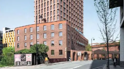 Elmloch Ltd A 2018 computer generated image shows the red-brick, six-storey Hotspur Press building with a large red-brick tower block rising from inside it. The railway viaduct can be seen in the background.