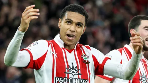 Southampton midfielder Shea Charles celebrates after scoring in Championship play-off semi-final against Middlesbrough