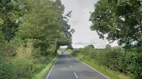 Google A single carriageway road stretching off through the countryside. There are fields and trees on both sides.