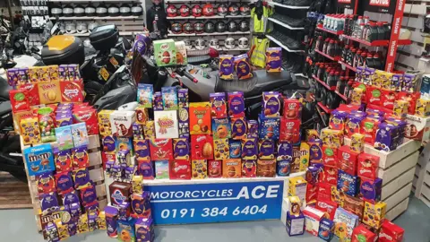 Durham Easter Egg Run  Donated Easter eggs at a motorcycle store