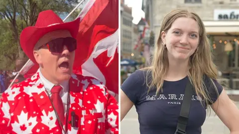 Split screen of a man in Canadian themed clothing and a woman in a t-shirt