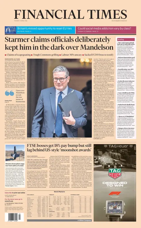 "Starmer claims officials deliberately kept him in the dark over Mandelson" reads the headline on the front page of the Financial Times.