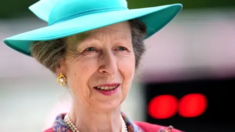 PA Princess Anne smiling, wearing gold earrings and a turquoise hat