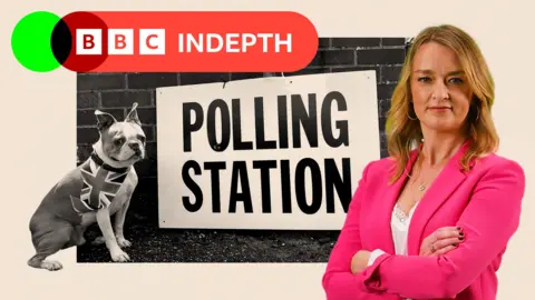 A treated image of a polling station station with a dog sitting beside the sign, wearing a union jack bandana.