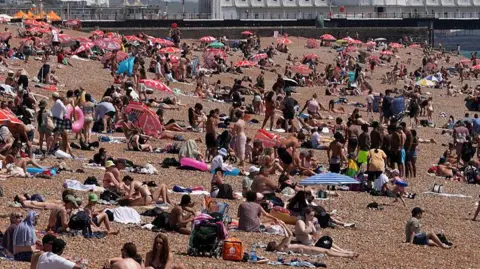 Hundreds of people can be seen sitting on Brighton's pebbled beach. There are dozens of small umbrellas and people are wearing swimsuits and sunhats. 