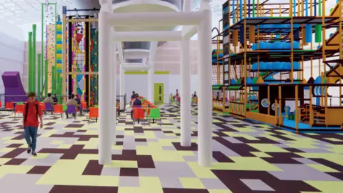 A computer-generated depiction of a brightly coloured climbing centre. A climbing wall can be seen to the left and a four-level soft play area with balls and punching bags are seen on the right. There are chairs and tables with visitors sat around.