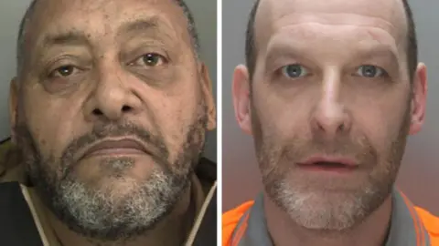 NWROCU Police mugshots of Colin White, who has thinning grey and black hair and a grey beard, and Graham Roberts, who has grey and brown stubble and a bald head.