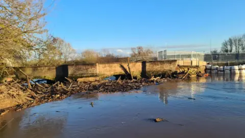 Friends of Powick Old Bridge A large collection of logs, branches and other vegetation is built up in a river and trapped by a low bridge that has partially collapsed on the right side.