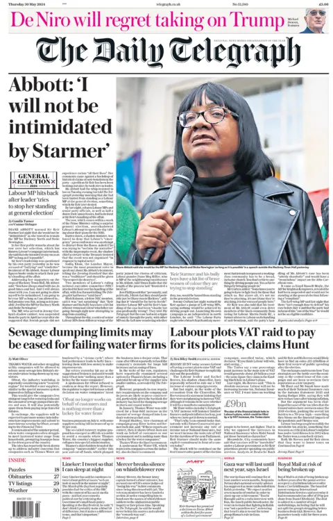 The headline on the front page of The Telegraph reads: "Abbott: Starmer won't scare me".