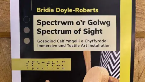 A poster of Bridie Doyle-Roberts's exhibition 'Spectrum of Sight' It is in the colours of black, white and yellow. Thee is braile on the poster as well as being translated in Welsh. 